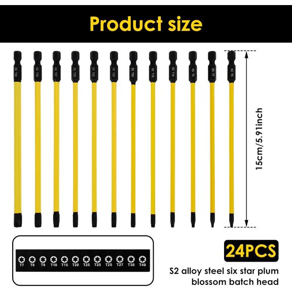 PYAN-24Pcs 6'' Extra Long Torx Bit Set, T7 to T40 Magnetic Security Tamper Proof Star Bit Set S2 Steel 1/4'' Hex Shank Torx Head Drill Bit Set for Impact Drivers, Drills, Screwdrivers