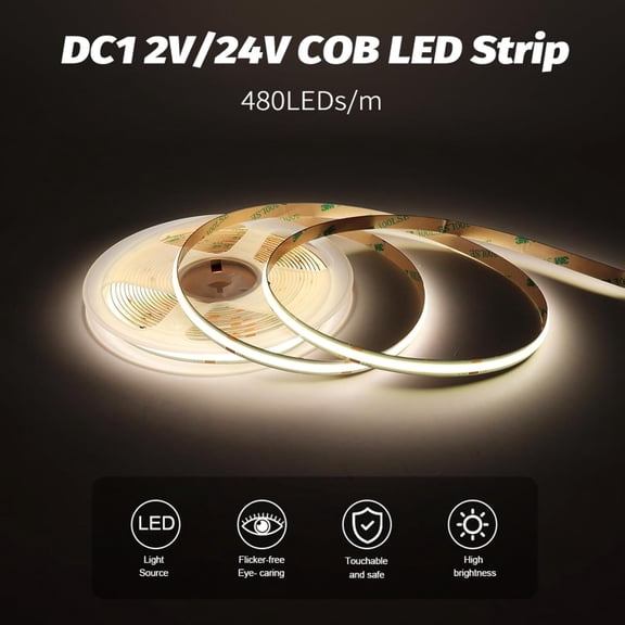 PYAN-24V Cold White COB LED Strip Light, 480LEDs/m 16.4FT/5M CRI>90, 6000K Cool White Color High Bright LED Tape for House Kitchen Room Decoration (DC24V, Without Power Supply)