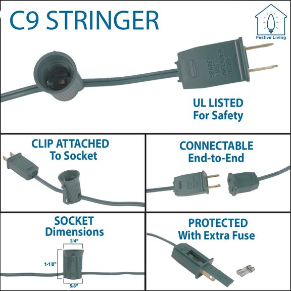 PYAN-25-Foot C9 Light Stringer, Green Wire with 25 E17 Intermediate Sockets, Indoor/Outdoor Connectable Christmas Light Cord, Bulbs Not Included