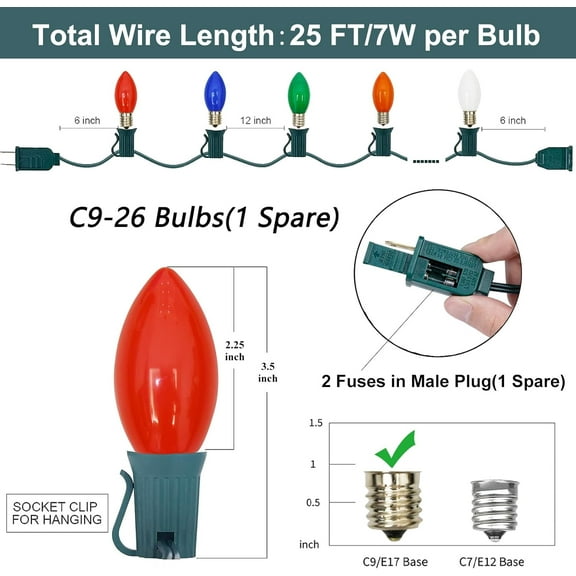 PYAN-25Ft Christmas Lights Outdoor, C9 Multicolor Christmas Lights with 26 Colored Ceramic Incandescent Bulbs for Holiday, Xmas, Roofline, Wedding- Green Wire