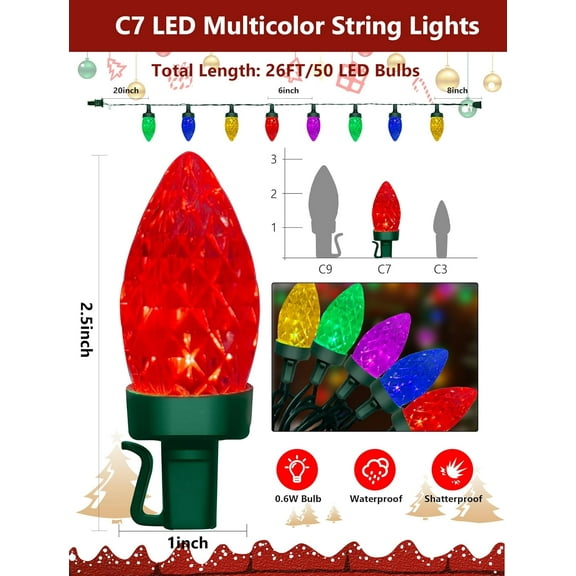 PYAN-26Ft LED Valentine's Day String Lights Outdoor, C7 Vintage Christmas Lights with 52 Multicolor Strawberry Bulbs, Plug in Fairy Lights for Indoor Patio Porch Garden Party Wedding Roofline House D