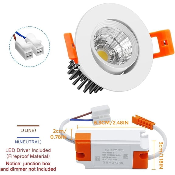 PYAN-2Inch LED Recessed Ceiling Light, 3W Dimmable LED Downlight, 60 Beam Angle COB Recessed Lights with Driver,Warm White 3000K, 25W Halogen Bulbs Equivalent for Ceiling Lighting, White 10Pack