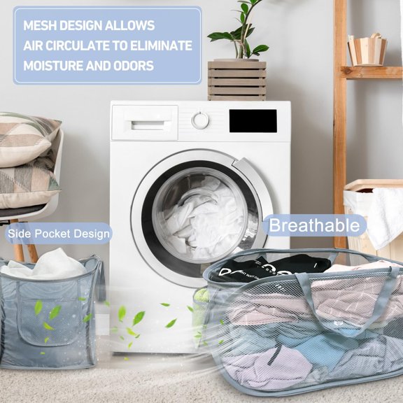 PYAN-2PCS Mesh Laundry Hamper,Collapsible Laundry Baskets,75L Large Foldable Dirty Laundry Clothes Hamper Storage Basket Horizontal with Side Pocket&carry Handle for Home Travel grey Emerald