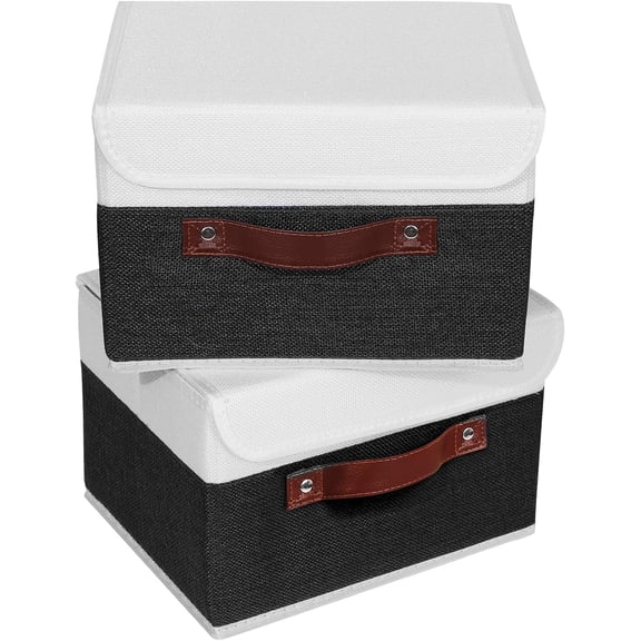PYAN-2PCS Storage Boxes with Lid Washable Decorative Storage Bins Basket with PU Leather Handle Foldable Linen Fabric Storage Cubes Containers for Home Closet Organizer - Black White, Small Size