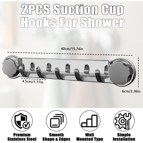 PYAN-2PCS Suction Cup Hooks for Shower, Waterproof No Drill Hook, Removable Reusable Stainless Steel Shower Hooks for Loofah, Kitchen, Glass Door, Window, Mirror, Smooth Tile
