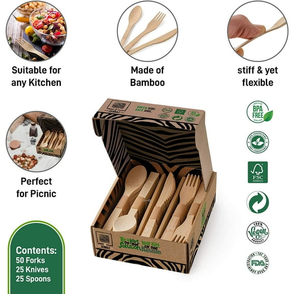 PYAN-2ZEBRAZ Bamboo Cutlery Set 100 Disposable Utensils (50 Forks, 25 Knives, 25 Spoons) | Reusable Smooth Flatware, Heavy-Duty Natural Tableware for Parties, Catering & Dining
