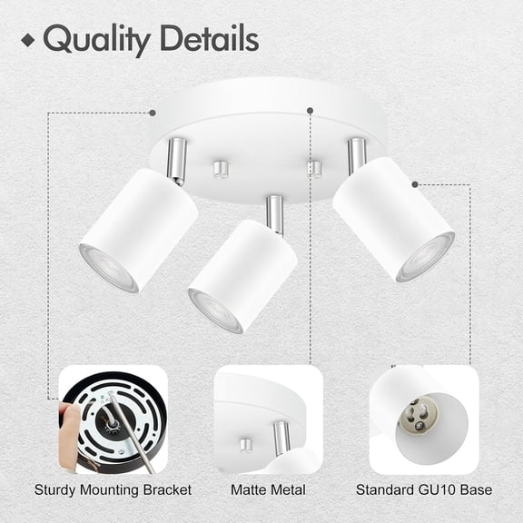 PYAN-3 Light Track Lighting Fixtures Ceiling, Matte White Round Directional Ceiling Spotlight, GU10 Flush Mount Track Fixture, Adjustable Modern LED track Lights for Kitchen/Living Room, Bulb Not Inc