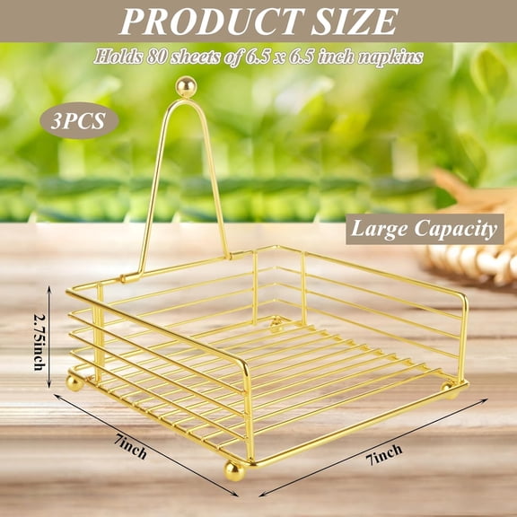 PYAN-3 PCS Napkin Holder for Table Flat Napkin Holder with Weighted Arm Square Paper Napkin Holders Metal Modern Napkin Holder Paper Cocktail Napkin Holder for Kitchen Dinner Outdoor, Gold
