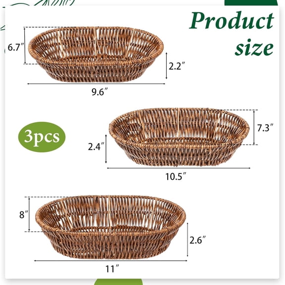 PYAN-3 Pack Wicker Baskets, Woven Bread Baskets Sets Oval Food Serving Basket Trays Tabletop Food Vegetable Basket for Serving Display Storage Kitchen Restaurant Market Showcase(11", 10.5", 9.6")