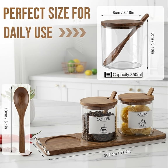 PYAN-3 Pcs Glass Spice Jars with Acacia Wood Lids & Spoons, 350ml Seasoning Containers with Tray, Clear Sugar Salt Pepper Jars with 9 Labels, Classic Kitchen Countertop Storage Set