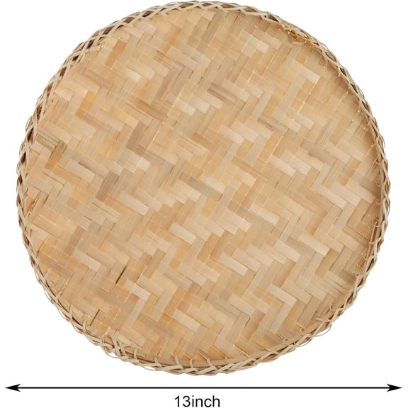 PYAN-3 Pieces Handmade Bamboo Woven Basket Tray, 13 Inch Round Flat Wicker Baskets, Shallow Food Storage Serving Trays Decorative Wall Hanging Baskets for Breakfast, Fruit, Snacks (Beige)