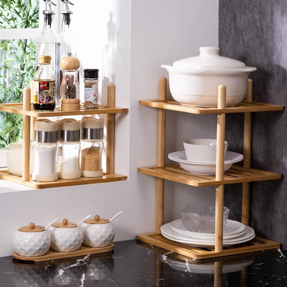 PYAN-3-Tier Cabinet Organizer Shelf - Bamboo Corner Rack for Kitchen Counter, Cabinet Space Saver for Plates, Dishes, Bowls, Bread - Pantry and Bathroom Storage or Countertop(1, 3Tier-Large-6.7"H)