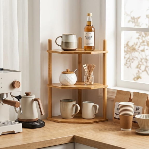 PYAN-3 Tier Expandable Bamboo Corner Shelf - Dish/Plate Organizer for Cabinet, Kitchen Counter Shelf & Small Kitchen Shelf, Adjustable (1, 3Tier-6.7" H)