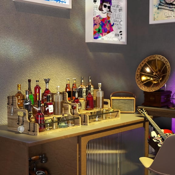 PYAN-3-Tier Liquor Bottle Display Shelf, Bar Stand for Whiskey, Spirits, Coffee Syrup Rack Organizer, Countertop Wine Rack for Home, Mini Coffee Bar, Small Liquor Cabinet and Kitchen Light Brown