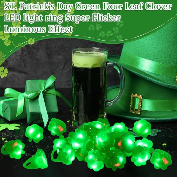 PYAN-30 Pack Shamrock LED Light Ring St. Patrick's Day Green Four Leaf Clover LED Light Up Ring st patricks day Party Rings Accessories