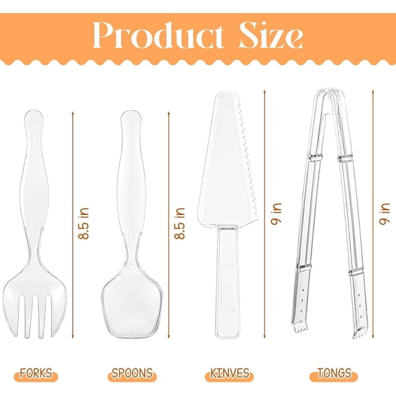 PYAN-30 Pcs Disposable Plastic Serving Utensils Set Include 8.5'' Serving Spoons Forks 9'' Tongs and Knives for Birthday Party Buffet Dinner Food Salad Utensils Christmas (Clear)