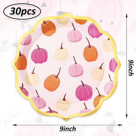 PYAN-30Pcs Fall Paper Plates Pink Pumpkin Scalloped Dinner Plates Gold Foil Retro Autumn Disposable Tableware for Thanksgiving Catering Dining Party Dinnerware Decor, 9 inch