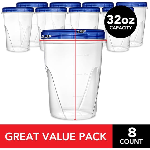 PYAN-32oz Plastic Containers with Twist Top Lids (8 Pack) Quart Freezer Containers for Leftovers, Airtight Reusable Soup Storage, Microwave & Dishwasher Safe