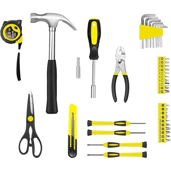 PYAN-39 Piece Tool Set General Household Tool Kit - Basic Home Tool Set Small Hand Tool Kit with Plastic Toolbox Storage Case for Home Garage Office College Dormitory Use Yellow