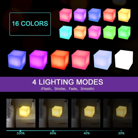 PYAN-4-Inch LED Dimmable Glow Cube Waterproof Rechargeable Adjustable RGB Color Changing with Remote Control, Night Light Indoor Outdoor Decorative Lighting