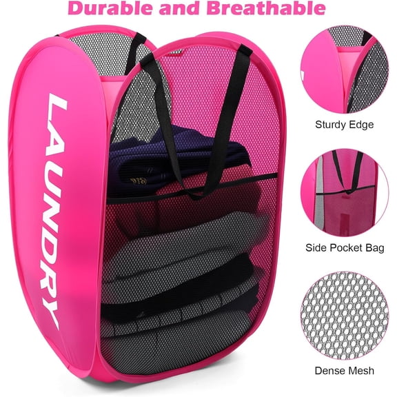 PYAN-4 Pack Foldable Mesh Pop Up Laundry Hamper with Handles, Collapsible Laundry Basket Extra Large Clothes Hamper with Large Side Pocket for Teen Room College Dorm Travel(23 x 14.2 x 14.2 inch)