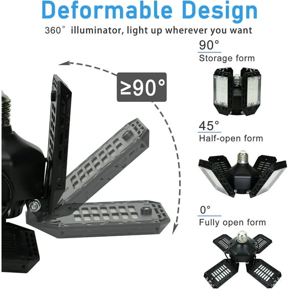 PYAN-4-Pack LED Garage Light, 150W Deformable LED Ceiling Lights, 15000LM Garage Lighting with 4 Adjustable Panels, E26/E27 Shop Lights for Basement, Workshop, Attic