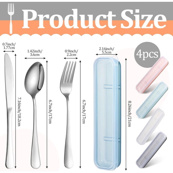 PYAN-4 Pack Portable Travel Utensils Set with Case Reusable Stainless Steel Silverware Flatware Camping Cutlery Include Fork Spoon Knife for Work School Dishwasher Safe(White, Green, Red, Black)