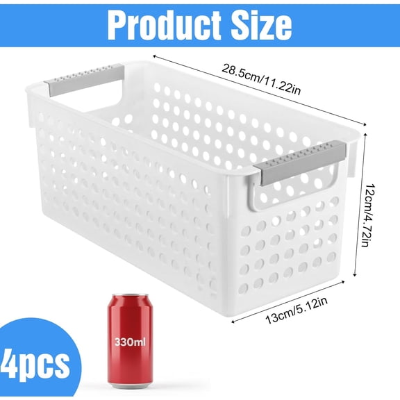 PYAN-4 Pack Slim Plastic Storage Baskets with Handles,White Rectangular Small Plastic Baskets,Narrow Storage Bins for Organizing, Kitchen,Home,Office