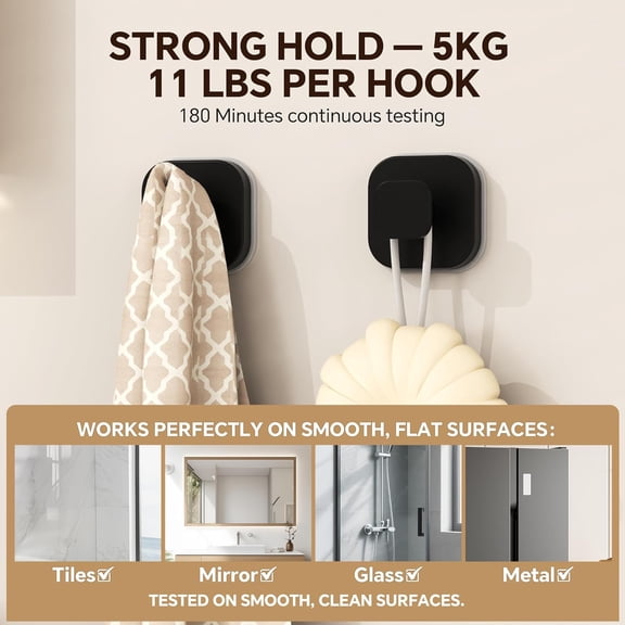 PYAN-4 Pack Stainless Steel Suction Cup Hooks for Shower, Removable No Drill Towel Hooks for Bathroom Glass Door Mirror Tile, Waterproof Rustproof Suction Hooks for Loofah, Bath Robe, Coat, Matte Bla