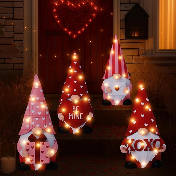 PYAN-4 Pack Valentines Day Gnome Yard Signs with Stakes Lighted Gnome Decorations Valentine Yard Signs Love Stake with Lights for Garden Lawn Party Decor (Valentines Day Style)