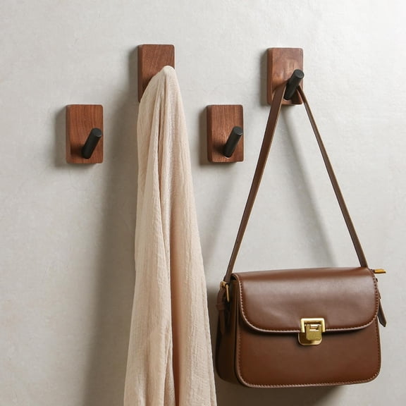 PYAN-4 Pack Wooden Wall Hooks, Adhesive and Screw Mounted for Heavy Duty, Boho Decorative Coat Hooks for Towel, Clothes, Blanket, Hat, Entryway, Nursery Door