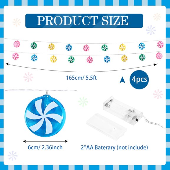 PYAN-4 Pcs Candy Cane String Lights Decoration 5.5ft 10 LED Battery Operated Fairy Lights Cute Sweet Peppermint Bulbs Outdoor Indoor Birthday Wedding Home Patio (Multi Color)