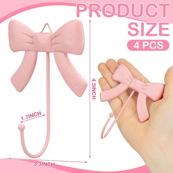 PYAN-4 Pcs Coquette Pink Bow Wall Hook Metal Decorative Bow Knot Door Hanger Rustic Coat Rack Towel Hook for Coat Hat Towel Multi-Purpose Bathroom Kitchen Living Room Home Decor