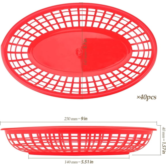 PYAN-40 Pack 9x5.7x1.6 Inch Plastic Fast Food Baskets, Restaurant Serving Baskets, Red Oval Fast Food Serving Basket for Picnic, Deli Serving, Chicken, Burgers and Fries