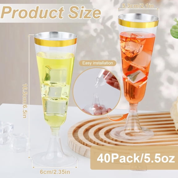 PYAN-40 Pack Plastic Champagne Flutes,5 oz Gold Rim Plastic Champagne Glasses,Disposable Toasting Glasses,Disposable Wine Cups for Wedding,Party,Birthdays,Christmas,Clear Mimosa Cocktail Cups