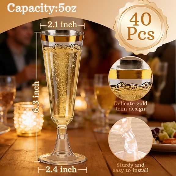 PYAN-40 Pack Plastic Champagne Flutes Disposable Glasses, 5oz Clear Champagne Toasting Glasses Bar Bulk Cocktail Cup Suitable for Weddings, Cocktail Parties & Outdoor Celebrations