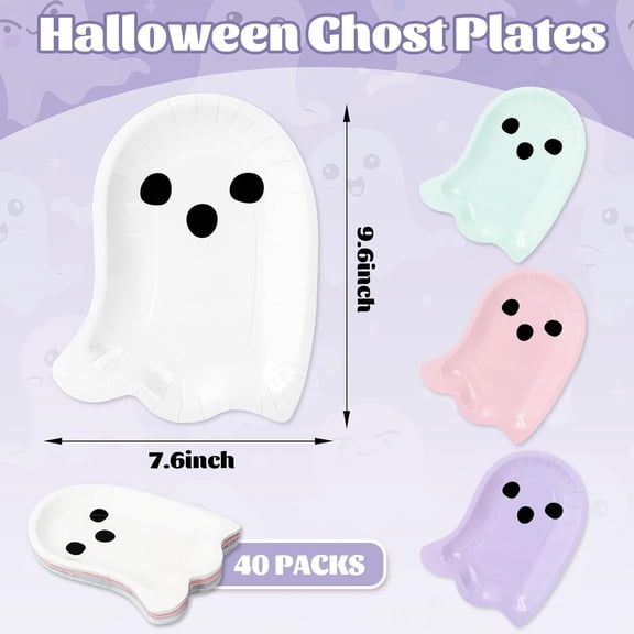 PYAN-40Pcs Halloween Paper Plates Boo Ghost Disposable Dinner Plates 4 Pastel Colors Tableware for Party Supplies Table Decor, 7.6 x 9.6 in