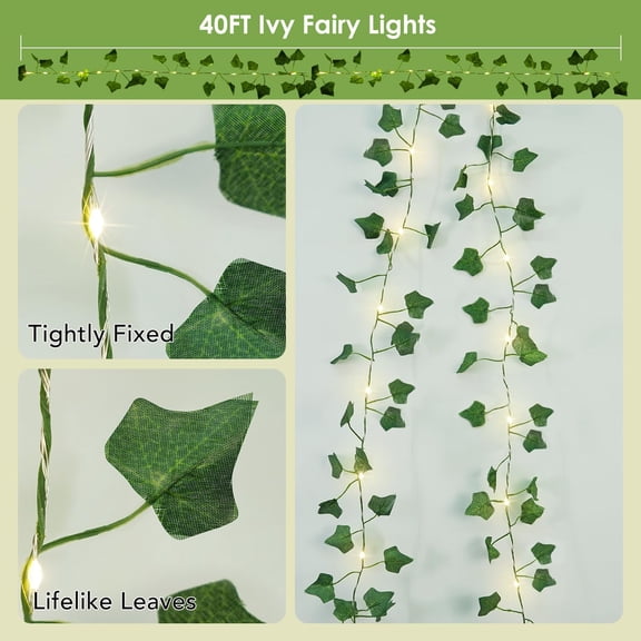 PYAN-40ft 120 LED Vine Fairy Lights Battery Operated, 8 Modes & Timer Ivy String Lights with Remote, Green Leaf Lights for Indoor Bedroom Classroom Office Wall Garden Party Wedding Decor (Warm White)