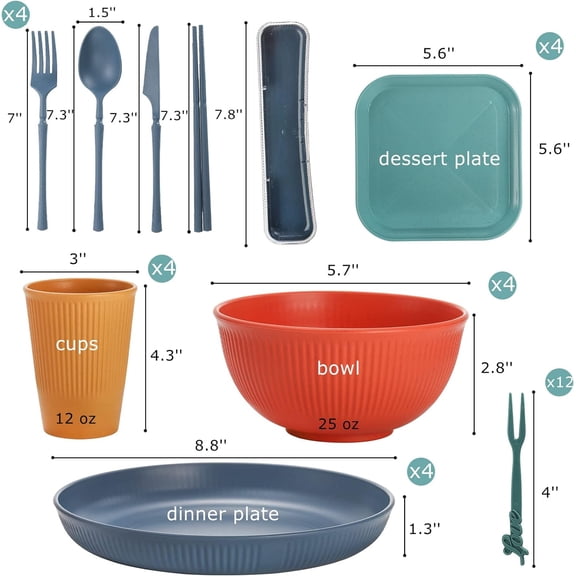 PYAN-44 Pieces Wheat Straw Dinnerware Sets, Unbreakable Camping Plates Cups and Bowls Set, Lightweight Kitchen Dish with Knives, Forks, Spoons, Dishwasher Microwave Safe