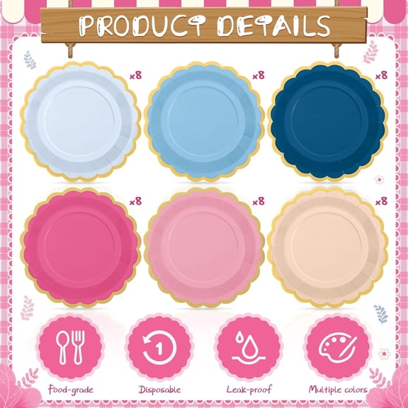PYAN-48 Pcs Pink Navy Blue Paper Plates 9 Inch Gradient Scalloped Paper Plates Disposable Dinner Dessert for Birthday Wedding Bridal Party Supplies, 6 Colors