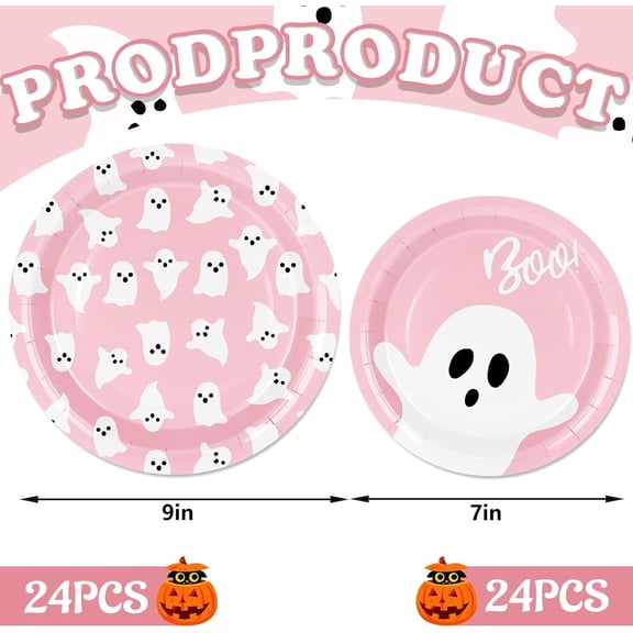 PYAN-48Pcs Halloween Paper Plates Pink Ghost Disposable Plates 7 Inch & 9 Inch Decorative Dinner Plates for Trick or Treat Birthday Party Supplies