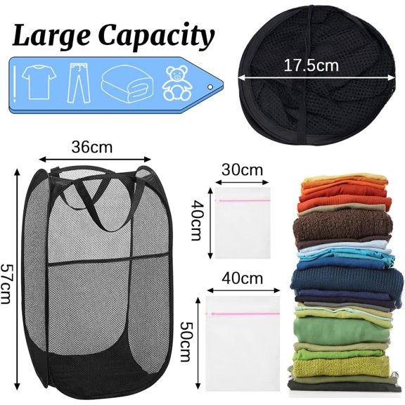 PYAN-4Pcs Mesh Pop Up Laundry Hamper, Foldable Pop Up Hamper, Collapsible Laundry Basket with Carry Handles, Portable Dirty Clothes Basket with 4 Wash Bags, Mesh Hamper for Dorm Bedroom Travel