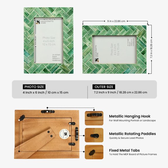 PYAN-4X6 Decorative Picture Frame, Christmas Decor, Bone Inlay Green Leaf Collection Photo Frame for Home & Shelf Decor Vintage Frames for Gallery Wall, Desk Decor, Holiday Giftings