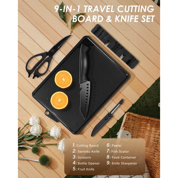 PYAN-5 in 1 Camping Cutting Board Set with Santoku Knife,Separable Shears,Peeler & Slicing Knife and Sharpening Slots,Portable Camper Accessories Kitchen Set, Black