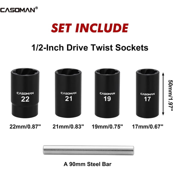 PYAN-5 Pieces 1/2"Dr. Twist Socket Set, Lug Nut Remover Tool Metric Bolt and Lug Nut Extractor Socket Tools
