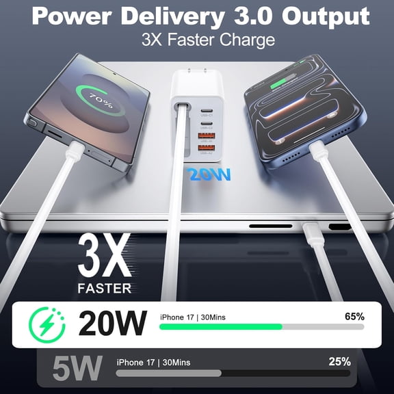 PYAN-5-in-1 Retractable Wall Charger with 4 Ports and 2.3ft USB C Cable, 40W Fast Charging USB C Charger Block with Foldable Plug, Retractable Phone Charger for iPhone 17/16/15 Pro Max,iPad,Samsung,P