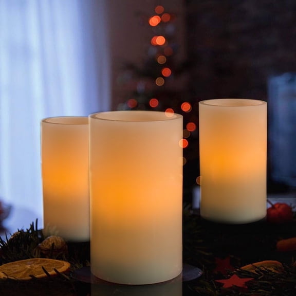 PYAN-5"x3" Wax Flameless Candles, Battery Operated LED Pillar Candles with Remote Control & Timer, Amber Yellow Flickering Light for Party, Wedding, Festival, Ivory, Indoor Only, Set of 2