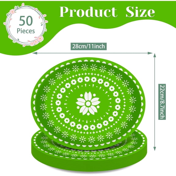 PYAN-50 Count Fiesta Party Oval Paper Plates, Mexican Cinco De Mayo Large 11in Platters Tableware Supplies Disposable Dinner Plates for Mexican Taco Carnival Papel Picado Party Dinnerware Table Decor