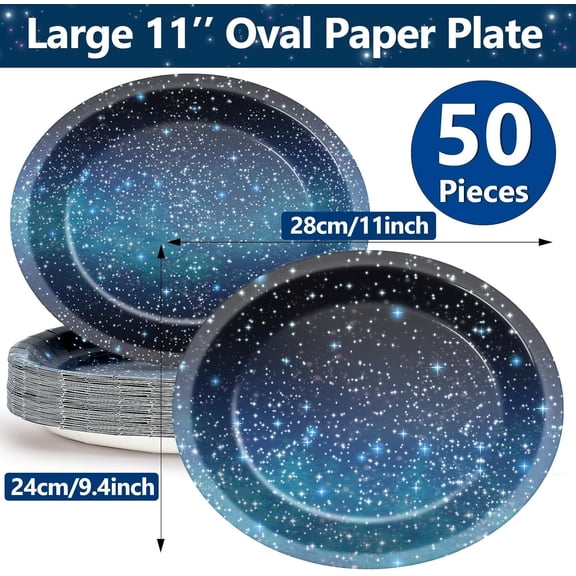 PYAN-50 PCS Space Galaxy Oval Paper Plates Large 11 Disposable Starry Night Sky Galaxy Party Platter Decorations Outer Space Supplies Favor for Happy Space Star Sky Dinner Party Tableware Set