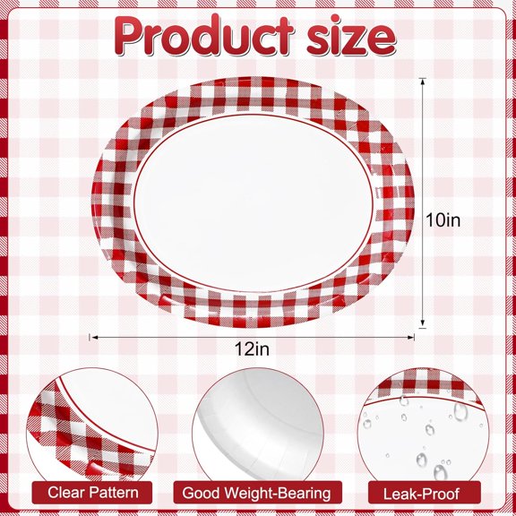 PYAN-50 Pcs Red Christmas Gingham Oval Paper Plates 10" x 12", Disposable Red and White Checkered Paper Plates Buffalo Plaid Dinner Tableware for Wedding Holiday Xmas Birthday Party Supplies